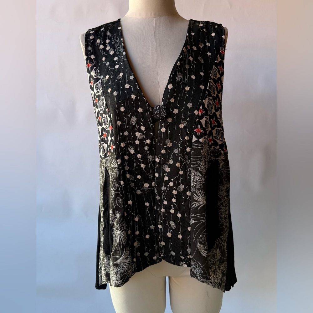 Kimono Silk VEST Black Floral Women's Top M/ L Yasuko
